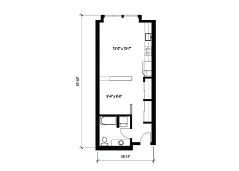 Floor plan for studio, 1 bath, 597 sqft